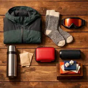 Winter cabin essentials flat lay bc9311