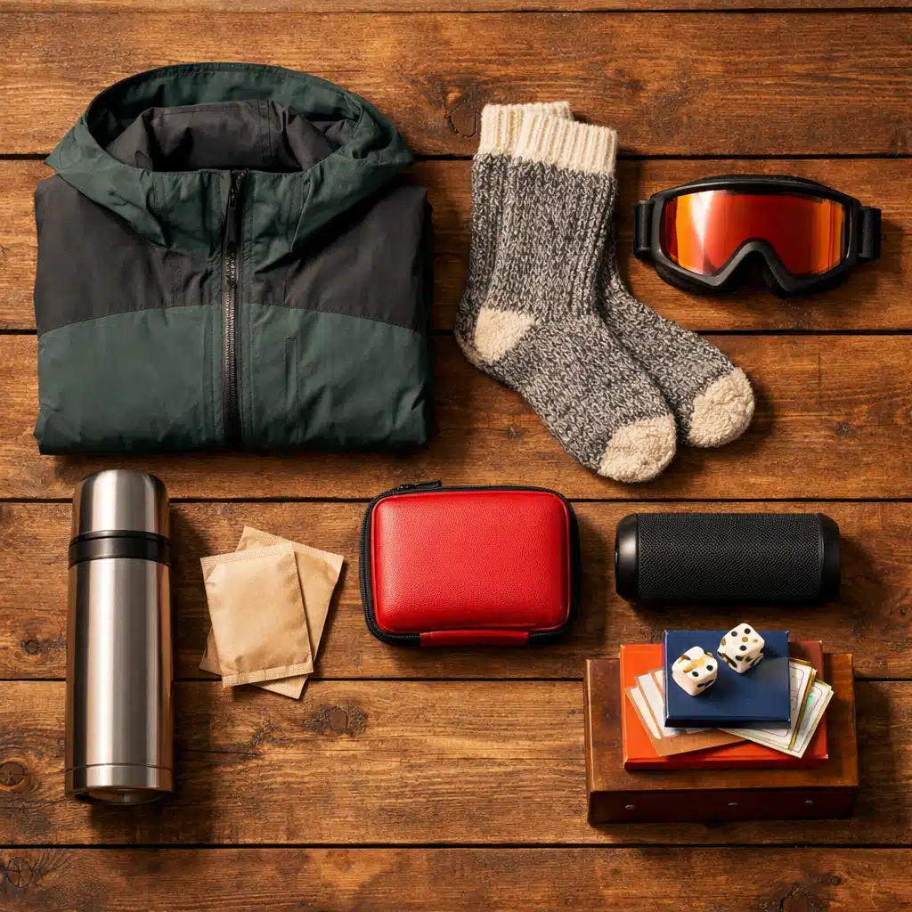 Winter cabin essentials flat lay bc9311